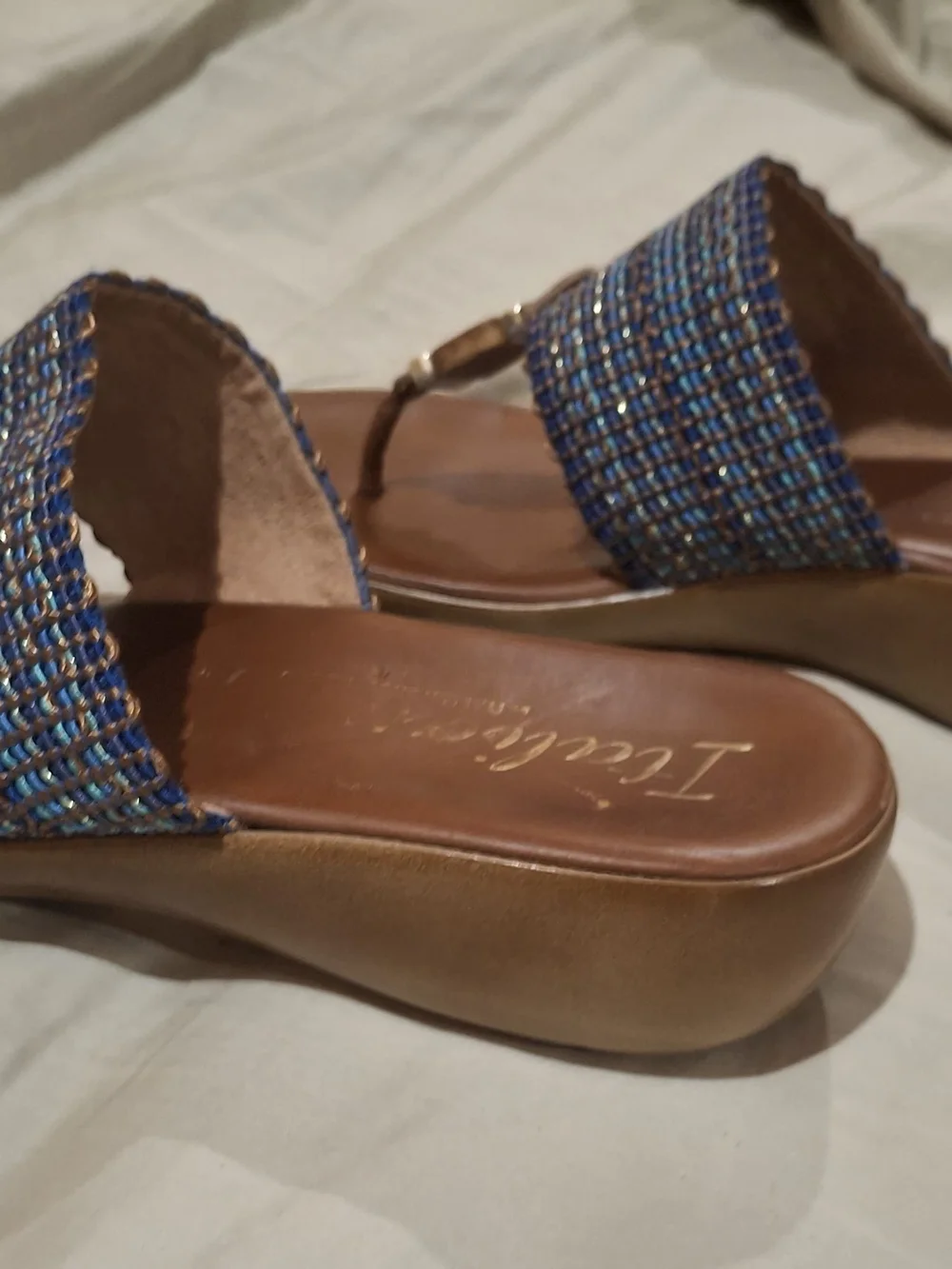 Tan Footbed Blue Woven Strap Slide Sandals